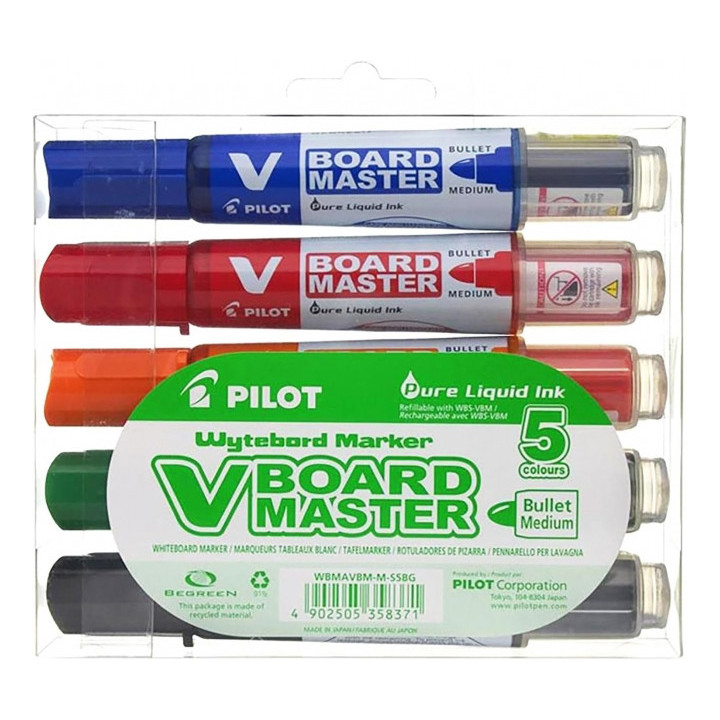 Pilot V-Board Master Begreen Pack de 5 Rotuladores para Pizarra Blanca - Punta Redonda 6mm - Trazo 2.3mm - 91% Plastico Recicla