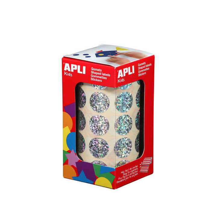 Apli Gomets Redondos Holograficos - Tamaño Ø 20mm - Adhesivo Permanente - 59 Hojas Pretroqueladas - 1770 Gomets por Rollo - I
