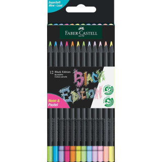 Faber-Castell Black Edition Pack de 12 Lapices de Colores Neon+Pastel - Mina Supersuave - Madera Negra - Ideales para Dibujo so