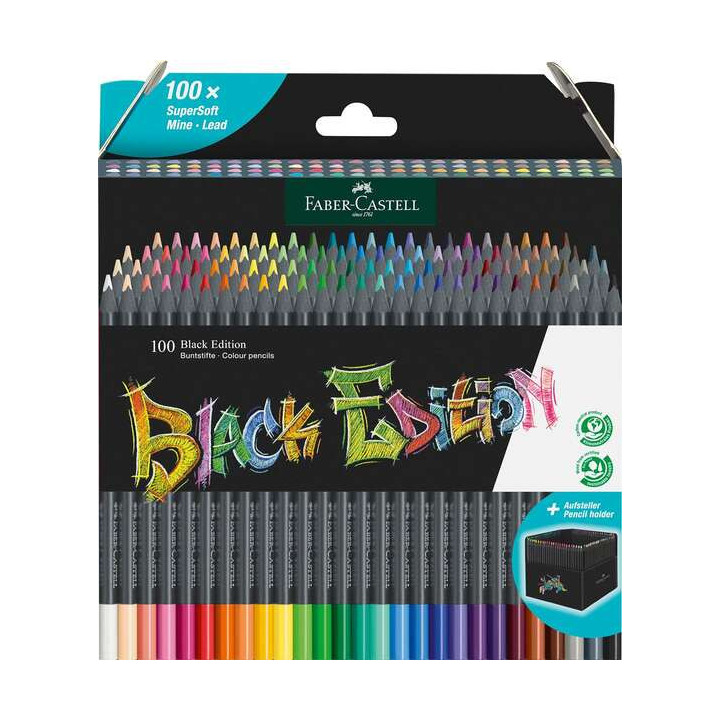 Faber-Castell Black Edition Pack de 100 Lapices de Colores - Mina Supersuave - Madera Negra - Ideales para Dibujo sobre Papel C