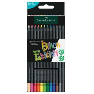 Faber-Castell Black Edition Pack de 12 Lapices de Colores - Mina Supersuave - Madera Negra - Ideales para Dibujo sobre Papel Cl