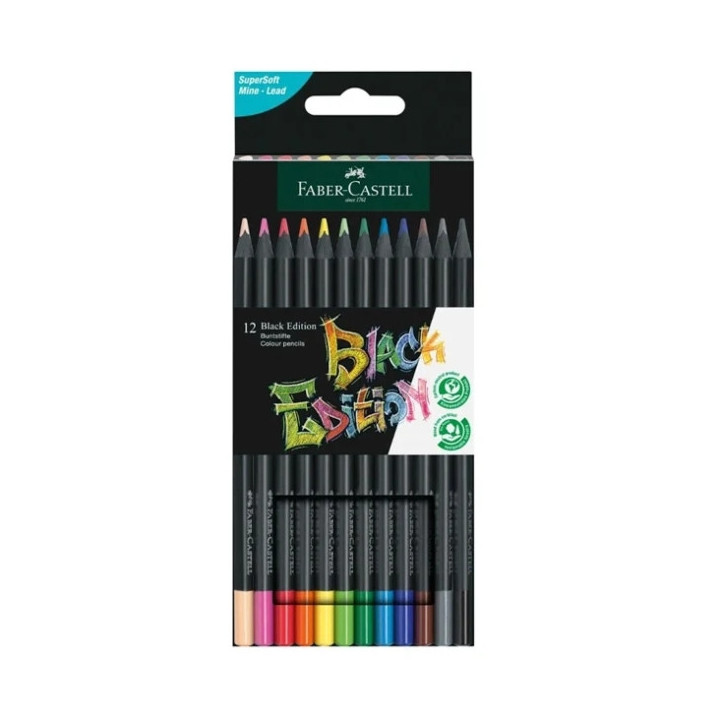 Faber-Castell Black Edition Pack de 12 Lapices de Colores - Mina Supersuave - Madera Negra - Ideales para Dibujo sobre Papel Cl