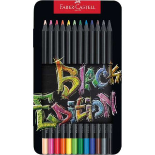 Faber-Castell Black Edition Caja Metalica de 12 Lapices de Colores - Mina Supersuave - Madera Negra - Ideales para Dibujo sobre