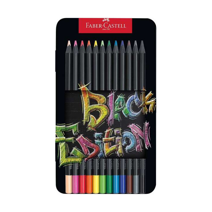 Faber-Castell Black Edition Caja Metalica de 12 Lapices de Colores - Mina Supersuave - Madera Negra - Ideales para Dibujo sobre