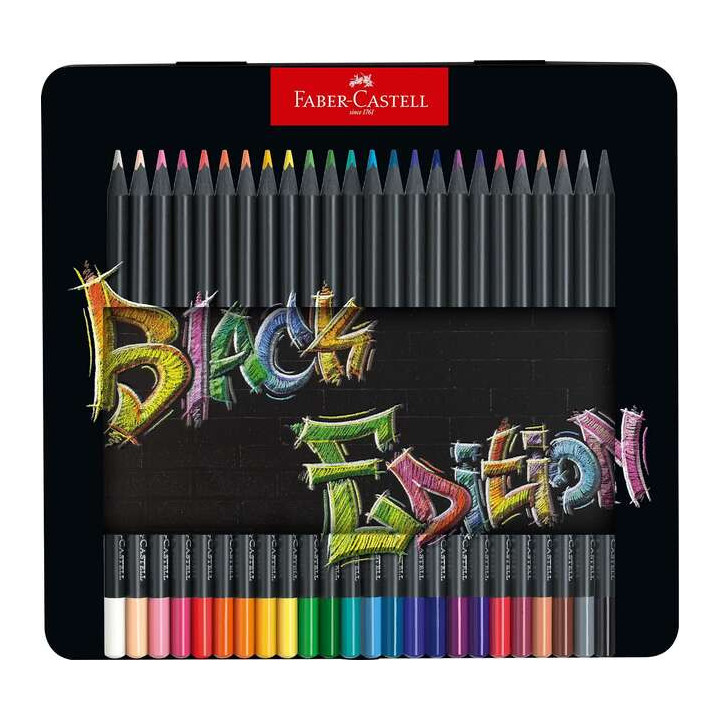 Faber-Castell Black Edition Caja Metalica de 24 Lapices de Colores - Mina Supersuave - Madera Negra - Ideales para Dibujo sobre