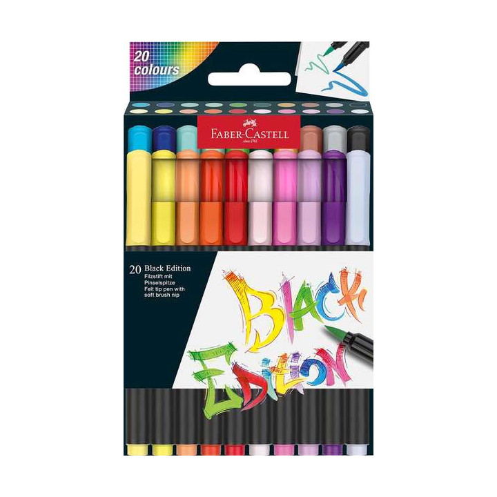 Faber-Castell Black Edition Pack de 20 Rotuladores Punta Pincel - Tinta a Base de Colorantes Alimentarios - Colores Surtidos