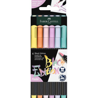Faber-Castell Black Edition Pack de 6 Rotuladores Punta Pincel - Tinta a Base de Colorantes Alimentarios - Colores Pastel Surti