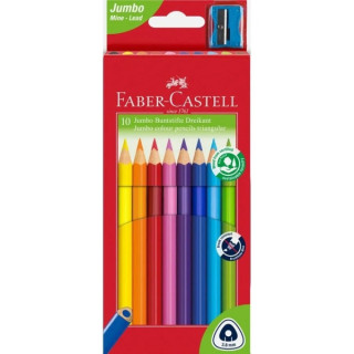 Faber-Castell Jumbo Junior Pack de 10 Lapices de Colores Triangulares + Sacapuntas - Mina Resistente a la Rotura - Lavable - Co