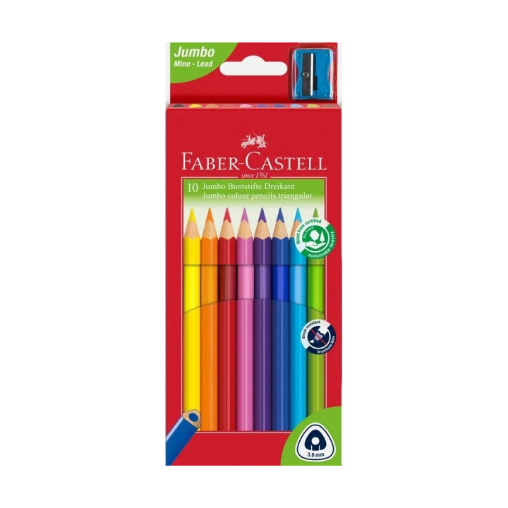 Faber-Castell Jumbo Junior Pack de 10 Lapices de Colores Triangulares + Sacapuntas - Mina Resistente a la Rotura - Lavable - Co
