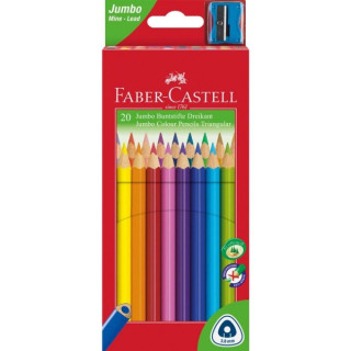 Faber-Castell Jumbo Junior Pack de 20 Lapices de Colores Triangulares + Sacapuntas - Mina Resistente a la Rotura - Lavable - Co