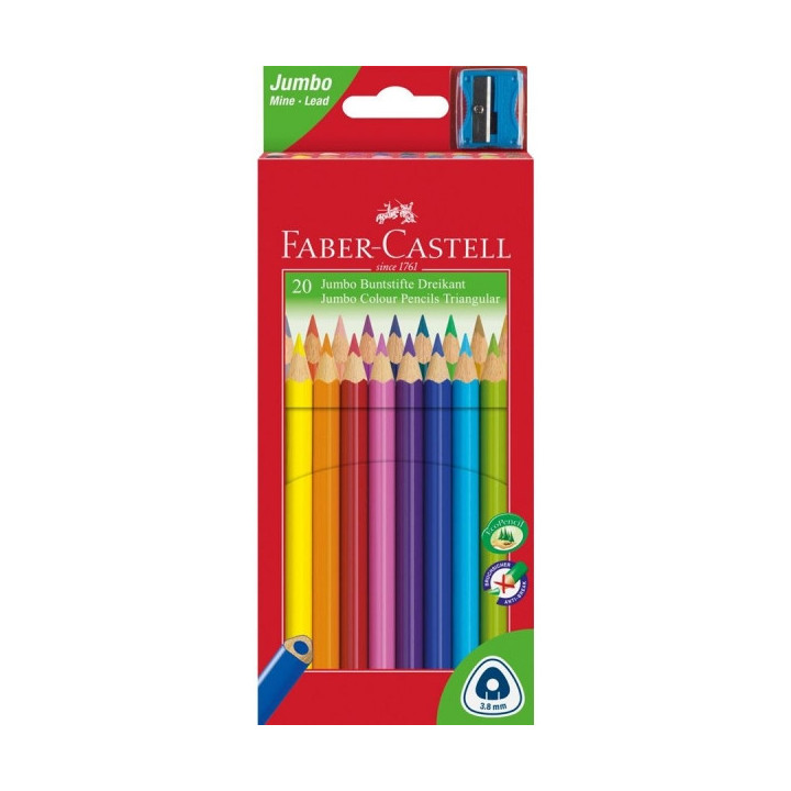 Faber-Castell Jumbo Junior Pack de 20 Lapices de Colores Triangulares + Sacapuntas - Mina Resistente a la Rotura - Lavable - Co