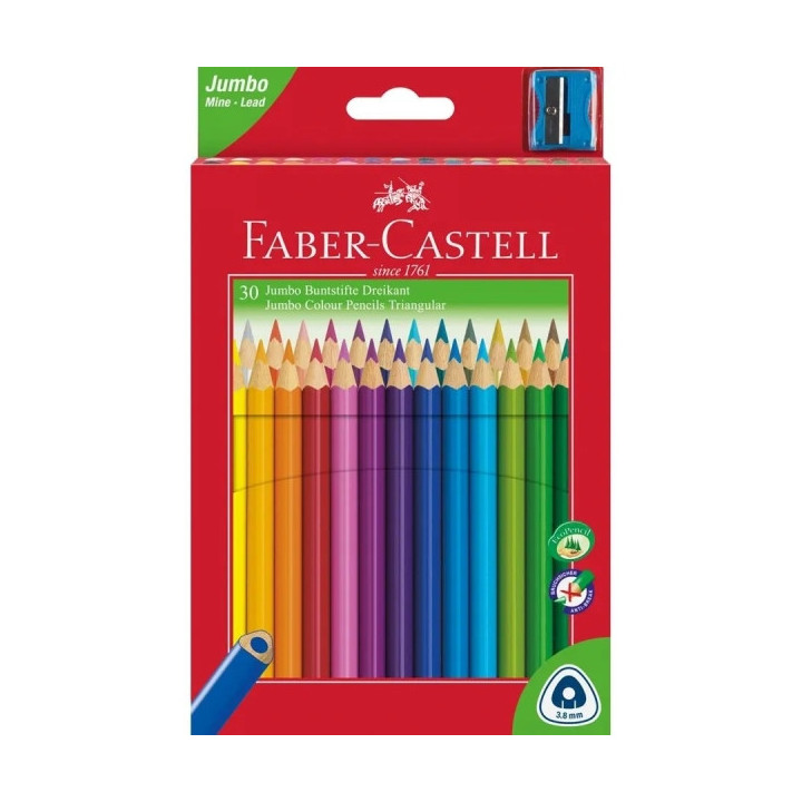 Faber-Castell Jumbo Junior Pack de 30 Lapices de Colores Triangulares + Sacapuntas - Mina Resistente a la Rotura - Lavable - Co