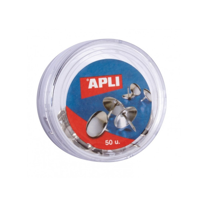Apli Caja de 50 Chinchetas Niqueladas - Cabeza Redondeada - Punta Afilada - Versatiles para Hogar y Oficina - Color Plata