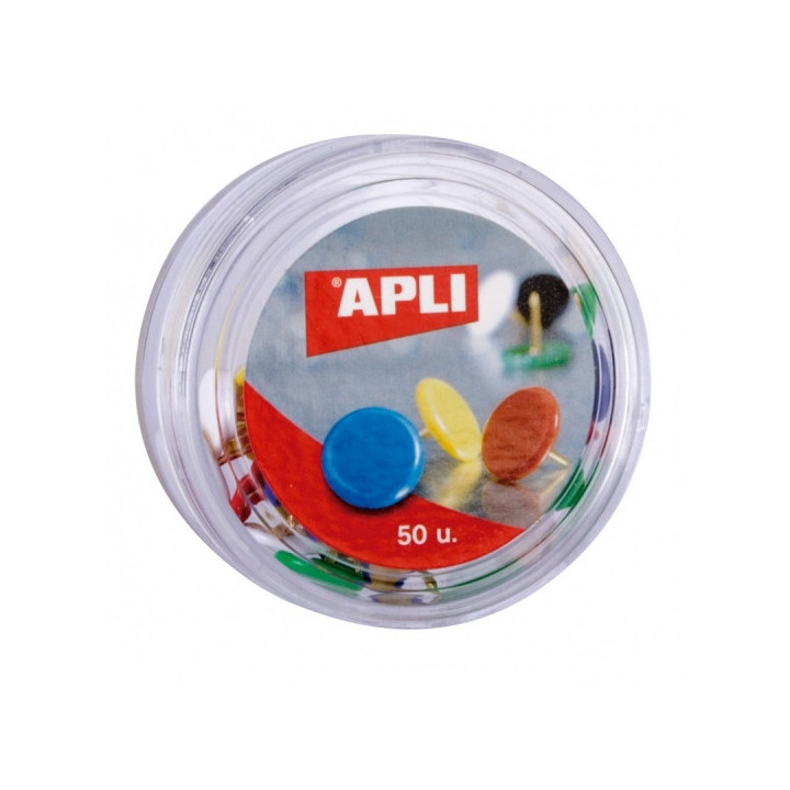 Apli Caja de 50 Chinchetas Niqueladas con Cabezal de Plastico - Cabeza Redondeada - Puntas Afiladas - Colores Surtidos