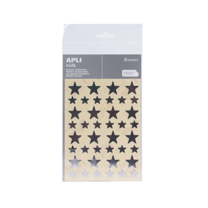 Apli Bolsa de Gomets en Forma de Estrella - Tamaño 12.5mm y 19.5mm - Adhesivo Permanente Plata - 3 Hojas y 120 Gomets - Normas