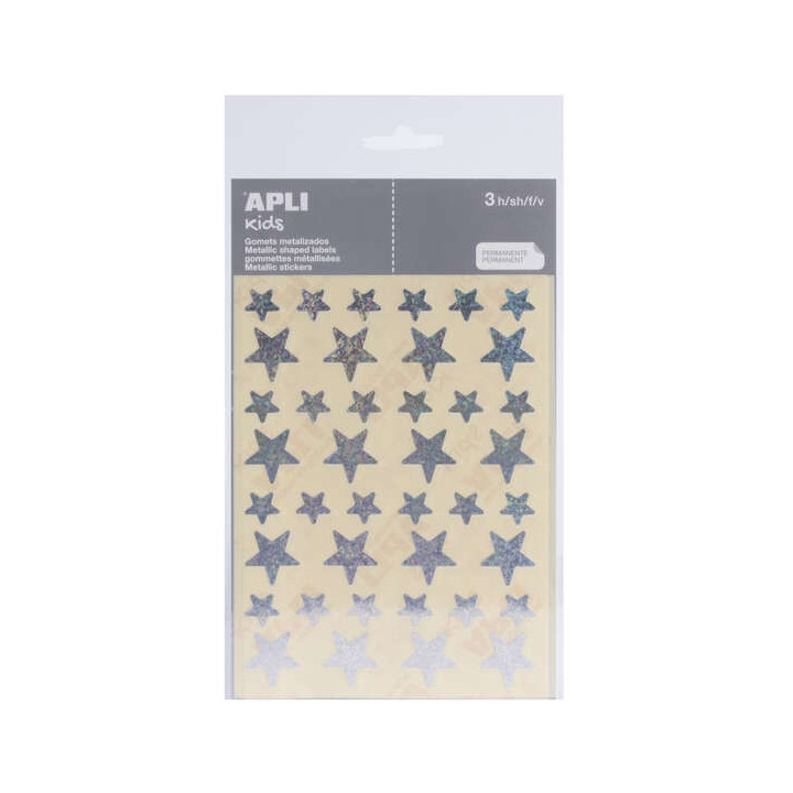 Apli Bolsa de Gomets Estrella - 12.5mm x 19.5mm - Holograficos con Adhesivo Permanente - 3 Hojas y 120 Gomets - Cumplen Normas