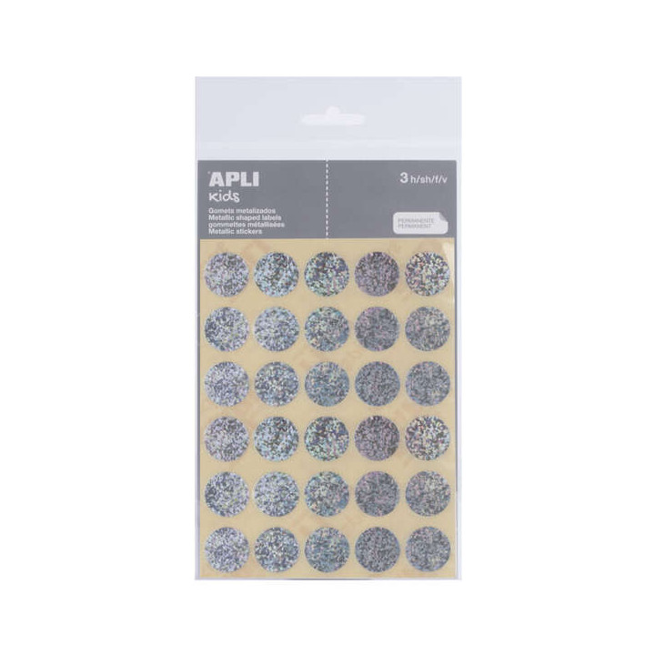 Apli Pack de 90 Gomets Redondos Ø 20mm - Adhesivo Permanente - Ideal para Escuelas Infantiles y Colegios - Color Plata