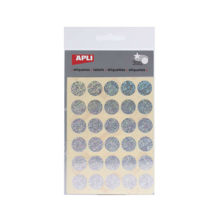 Apli Gomets Redondos Holograficos Ø 20mm - Adhesivo Permanente - 90 Gomets en 3 Hojas - Desarrollo de Habilidades y Creativida