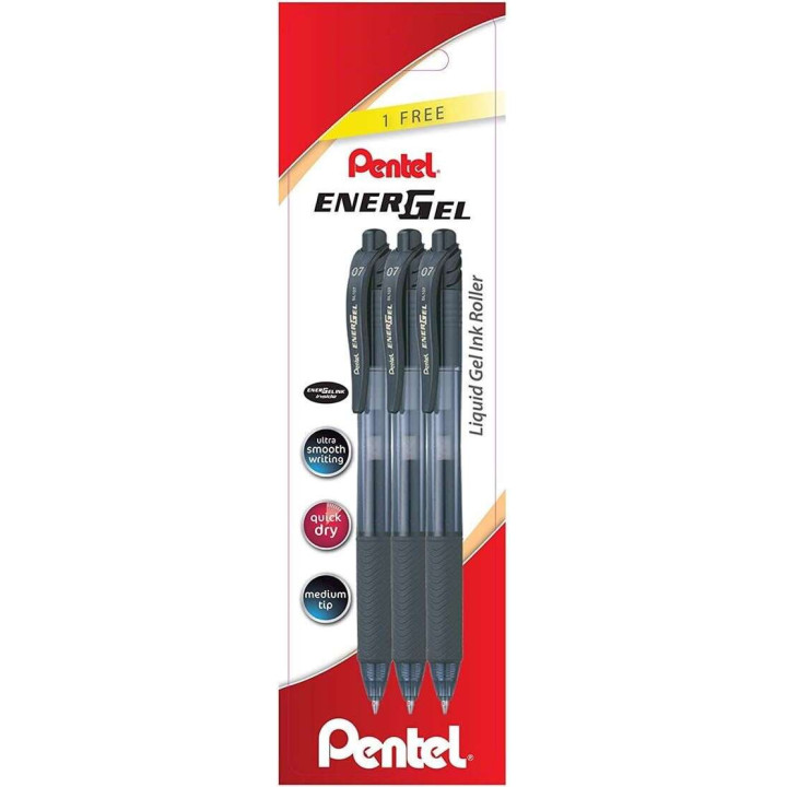 Pentel EnerGel X Pack de 3 Boligrafos de Bola Retractiles Tinta Gel - Punta 0.7mm - Trazo 0.35mm - Recargable - Grip de Agarre