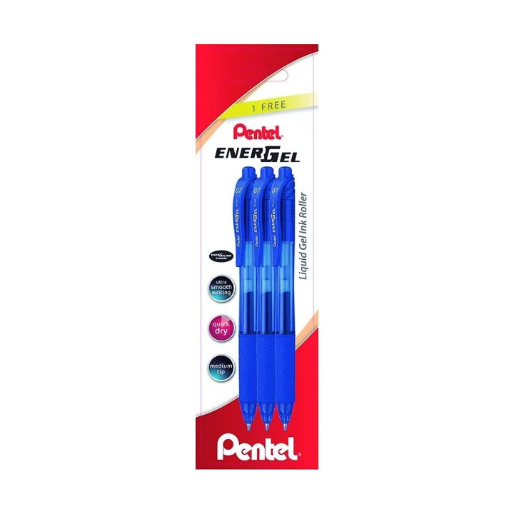 Pentel EnerGel X Pack de 3 Boligrafos de Bola Retractiles Tinta Gel - Punta 0.7mm - Trazo 0.35mm - Recargable - Grip de Agarre