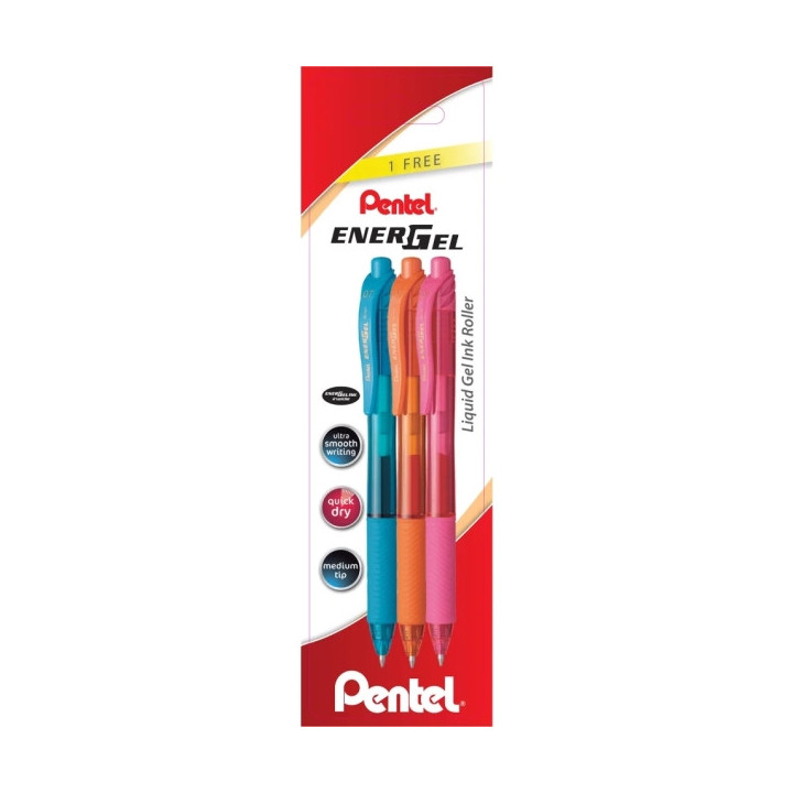 Pentel EnerGel X Pack de 3 Boligrafos de Bola Retractiles Tinta Gel - Punta 0.7mm - Trazo 0.35mm - Recargable - Grip de Agarre