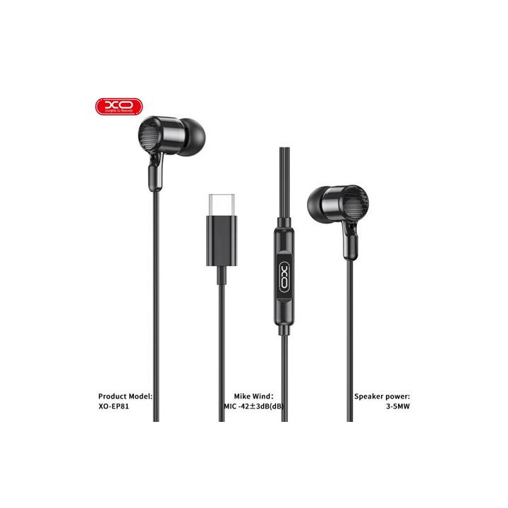 XO EP81 Auriculares Intrauditivos con Microfono - Conexion USB-C - Cable de 1.20m - Color Negro
