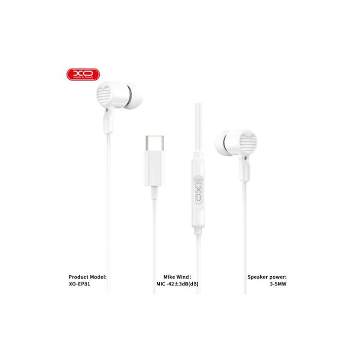 XO EP81 Auriculares Intrauditivos con Microfono - Conexion USB-C - Cable de 1.20m - Color Blanco