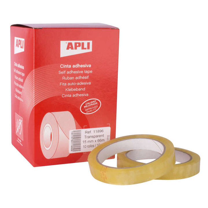 Apli Cinta Adhesiva Transparente 15mm x 66m - Resistente al Agua y a la Intemperie - Facil de Cortar con las Manos - Ideal para