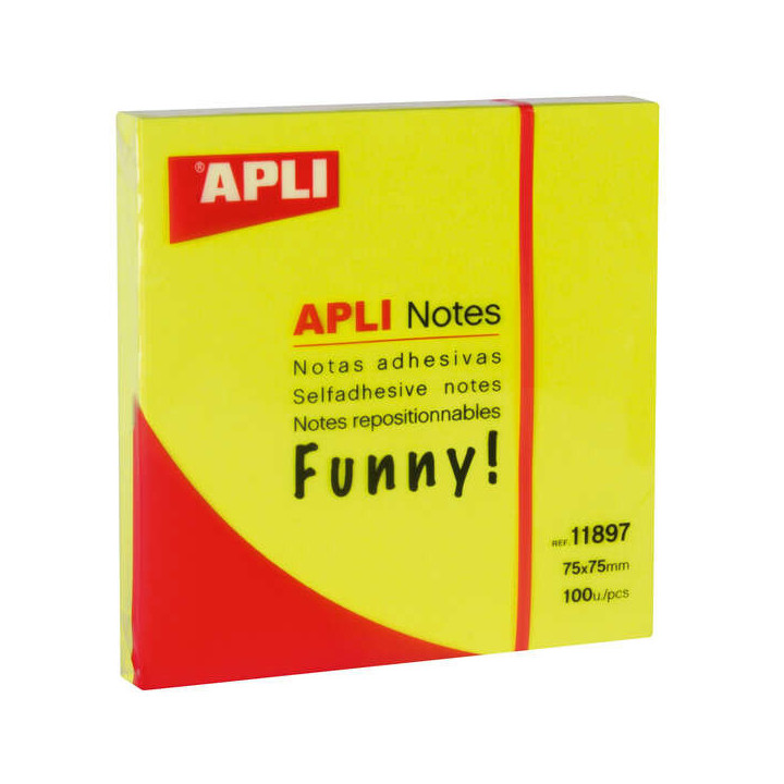 Apli Notas Adhesivas Funny 75x75mm - Bloc de 100 Hojas - Adhesivo de Calidad - Facil de Despegar - Color Amarillo Fluorescente