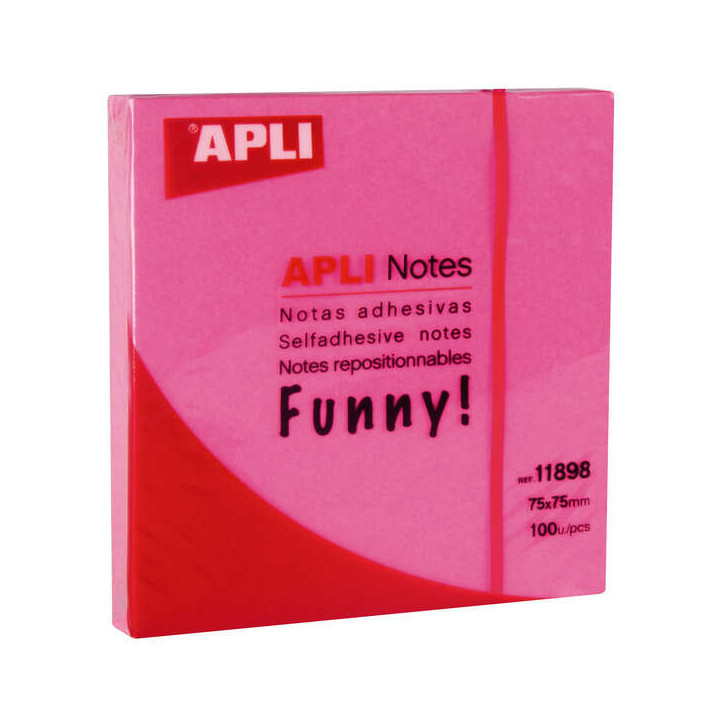 Apli Funny Bloc de 100 Notas Adhesivas 75x75mm - Adhesivo de Calidad - Facil de Despegar - Color Rosa Fluor