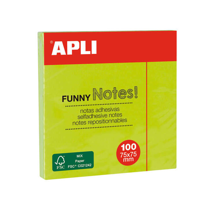 Apli Notas Adhesivas Funny 75x75mm - Bloc de 100 Hojas - Adhesivo de Calidad - Facil de Despegar - Color Verde Fluorescente