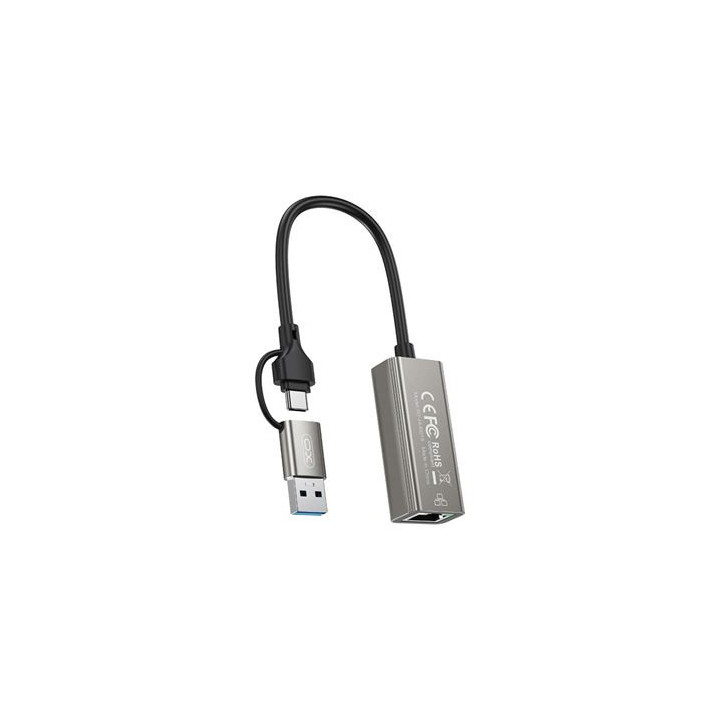 XO HUB018 Adaptador de Red RJ45 a USB 3.0 y USB-C - Color Plata