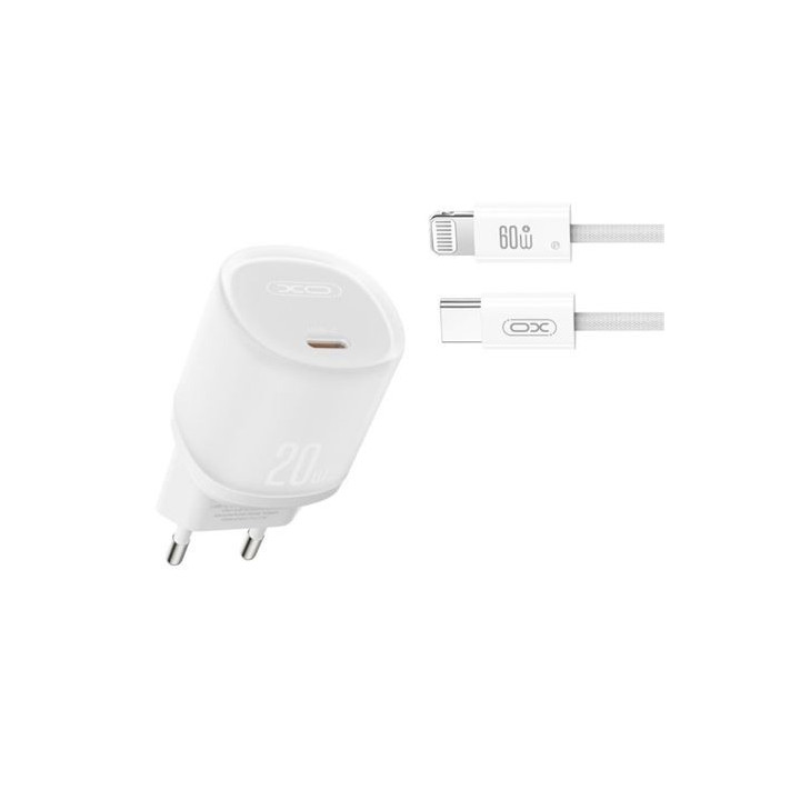XO L143 Cargador de Corriente 20W - USB-C - PD 3.0 y QC 3.0 - Incluye Cable USB-C a Lightning - Color Blanco