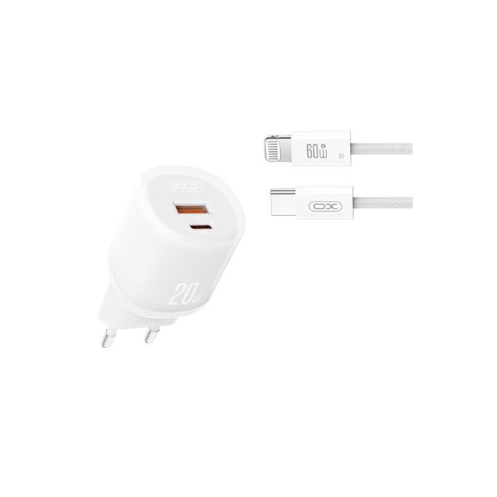 XO L144 Cargador de Corriente 20W - USB-A y USB-C - PD 3.0 - Incluye Cable USB-C a Lightning - Color Blanco