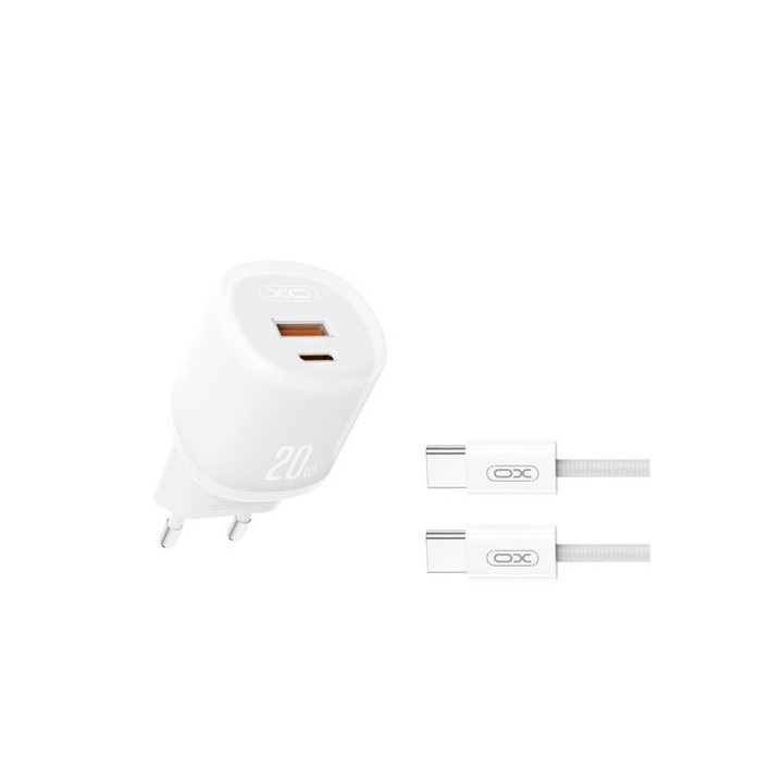 XO L144 Cargador de Corriente 20W - USB-A y USB-C - PD 3.0 - Incluye Cable USB-C - Color Blanco