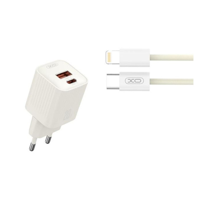 XO L147 Cargador de Corriente 20W - USB-A y USB-C - Carga Rapida - Incluye Cable USB-C a Lightning - Color Blanco