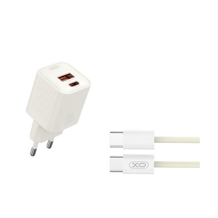 XO L147 Cargador de Corriente 20W - USB-A y USB-C - Carga Rapida - Incluye Cable USB-C - Color Blanco