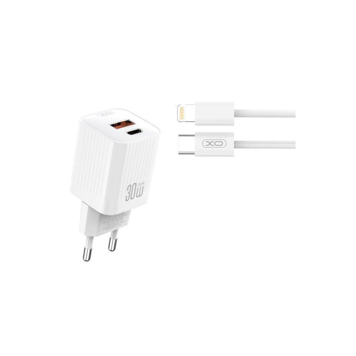 XO L149 Cargador de Corriente 30W - USB-A y USB-C - Alto Rendimiento - Incluye Cable USB-C a Lightning - Color Blanco