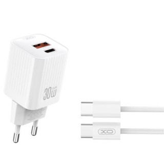 XO L149 Cargador de Corriente 30W - USB-A y USB-C - Alto Rendimiento - Incluye Cable USB-C a Lightning - Color Blanco