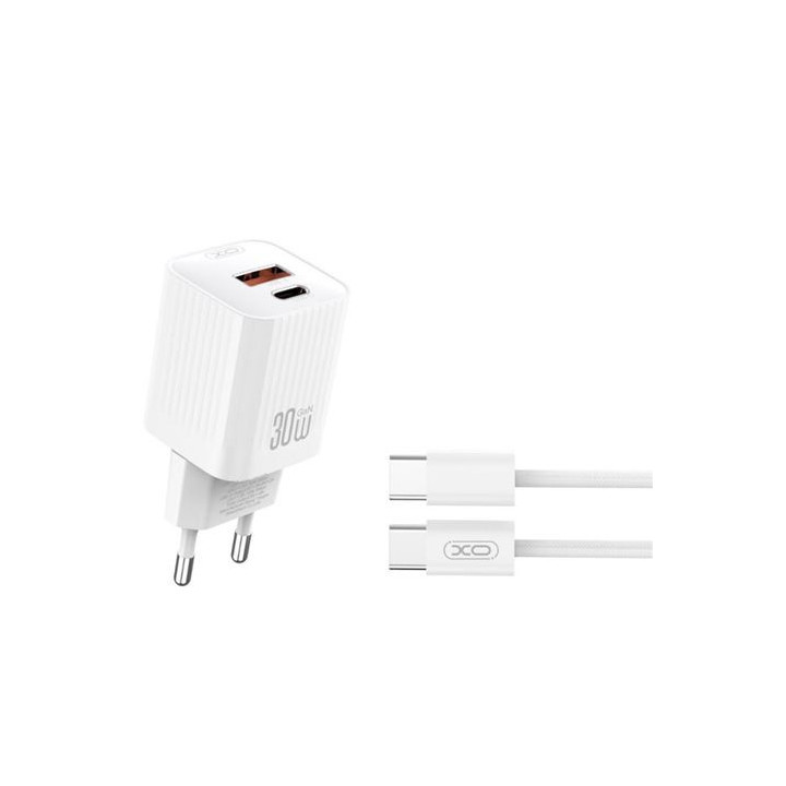 XO L149 Cargador de Corriente 30W - USB-A y USB-C - Alto Rendimiento - Incluye Cable USB-C a Lightning - Color Blanco