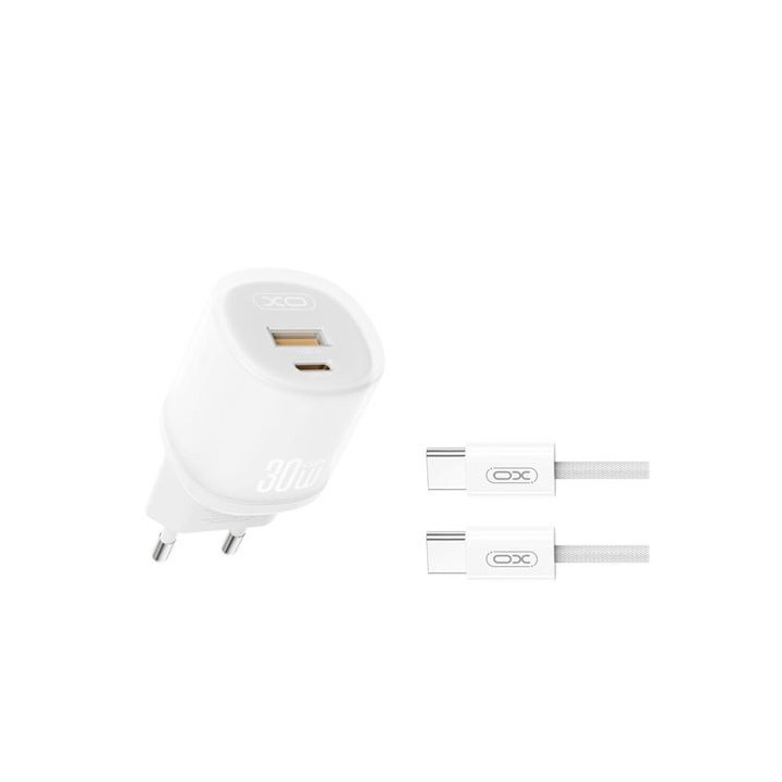 XO L151 Cargador de Corriente 30W - USB-A y USB-C - GaN - Incluye Cable USB-C - Color Blanco