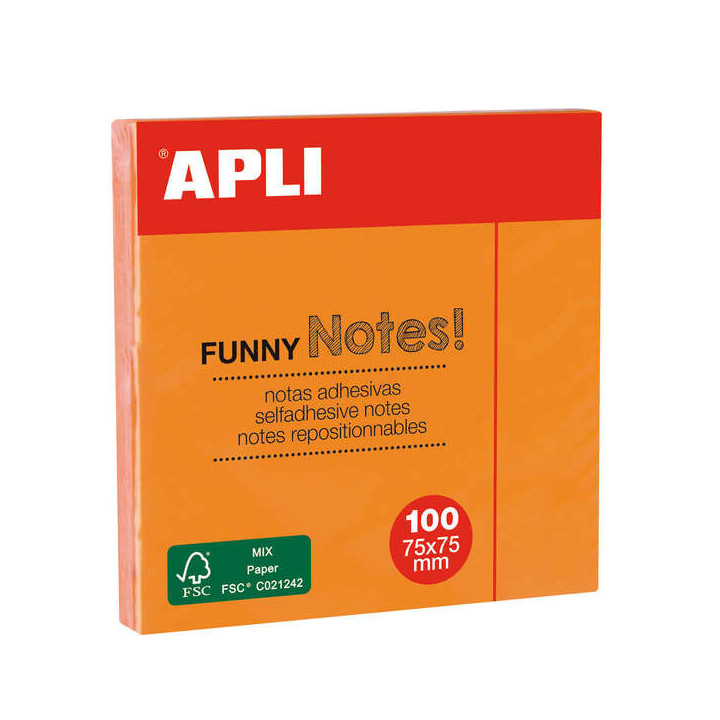Apli Bloc de 100 Notas Adhesivas Funny 75x75mm - Adhesivo de Calidad - Color Naranja Fluorescente