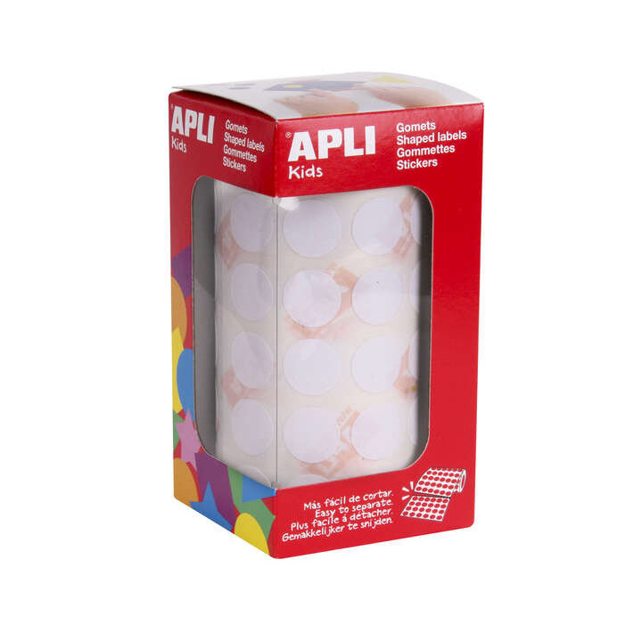 Apli Gomets Redondos Blancos Ø 15mm - 59 Hojas Pretroqueladas - 2832 Gomets por Rollo - Adhesivo Base Agua - Normas EN-71 y FS