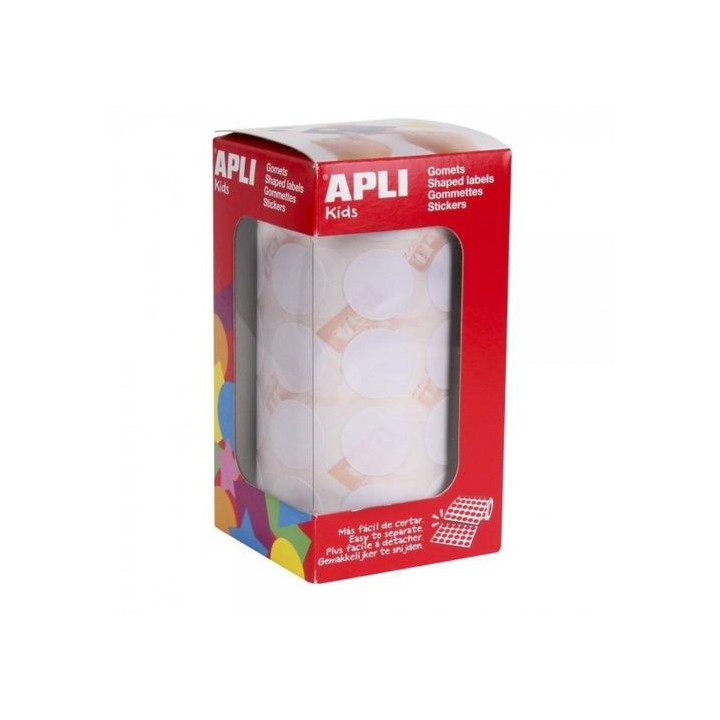 Apli Rollo de 1.770 Gomets Redondos Ø 20mm - Adhesivo Permanente con Base de Agua - Libre de Disolventes - Color Blanco