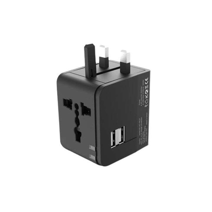 XO Adaptador de Viaje Universal - Voltaje 110V-240V - 2 Puertos USB 2.1Amp - Conexiones para UK