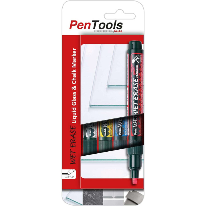 Pentel PenTools Pack de 4 Rotuladores de Tiza Liquida Wet Erase - Punta Biselada Reversible 2-4mm - Resistente a la Intemperie