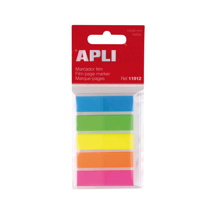 Apli Indices Adhesivos Film 45x12mm 5 Colores Fluorescentes - 25 Indices por Color - Facil de Pegar y Despegar - Ideal para Mar