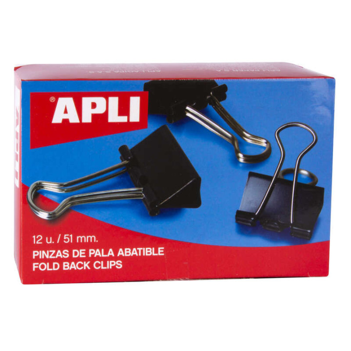 Apli Pinzas Abatibles 30x51mm - Acero Templado Negro - Asas Niquel - 12 Unidades - Sujecion Hasta 220 Hojas