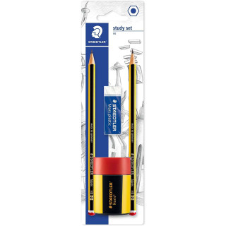 Staedtler 120 Pack de 2 Lapices de Grafito 2HB Hexagonales + 1 Sacapuntas con Deposito + 1 Goma de Borrar Mars Plastic - Madera