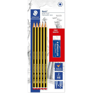 Staedtler Noris 120 Pack de 5 Lapices de Grafito Hexagonales 2HB + 1 Goma de Borrar Mars Plastic - Madera de Bosques Sostenible